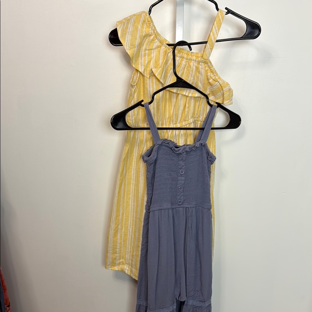 Yellow Striped Dress and Blue Romper Set of 2 Smocked Linen Blend Girls Size 7-8